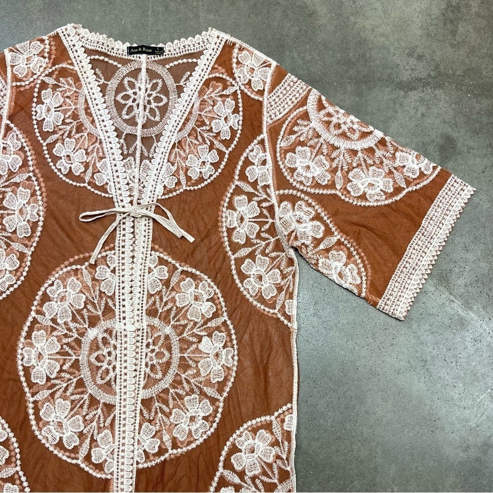 Ana & Rose Floral Copper Sheer Lace Open Front Kimono Duster Cardigan Boho - Picture 3 of 11